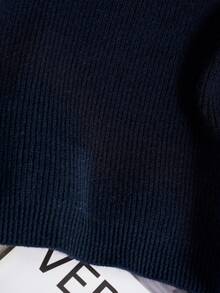 Navy Blue Half Zip Ribbed Knit Lapel Collar Drop Shoulder Long Sleeve Plus Size Plus Size Women's Casual Y2K Back To School Holiday Top Fall Winter - Navy - View 7