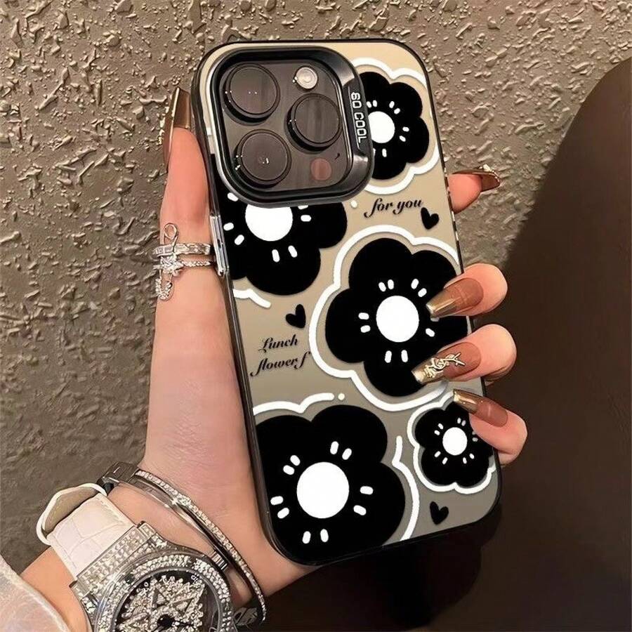 Black Flower Case Suitable For Apple 15 Pro Max, 16 Pro, Beautiful 14 Pro, Floral 17, Cute - Vỏ màu bạc - Màu đen - Cánh hoa màu đen - Xem 1