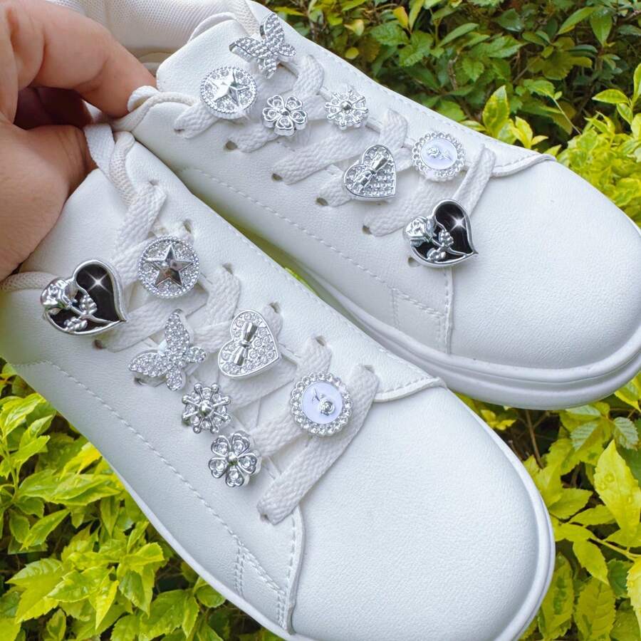 14pcs Silver Rhinestone Flower Heart Shoe Clips, DIY Decoration, Suitable For Women's Sneakers, Canvas Shoes, Sandals, Slippers, Multi-Functional Shoe Clips, Perfect Holiday Party Gift - Silver - View 1