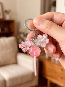 Cute Pink Lollipop Keychain With Acrylic 3D Transparent Bear And Flower Pendant, Kawaii Resin Keyring, Women/Girls Beautiful Key Ring, Round Lollipop Shaped Alloy Keychain, Daily Use, Mini Fashion Wallet Accessory, Can Decorate Phone, Bag, Backpack, Keys, Pants And Handbag, Perfect Small Gift For Mother's Day/Teacher's Day/Birthday/Valentine's Day/Summer, Lightweight Metal Key Ring With Lollipop And "Sweet" Candy Pendant - Multicolor - View 6