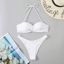 Bikini Dos Piezas Negro Halter Desmontable, Sujetador Bandeau con Fruncido Cruzado en el Bust, Braguita Corte Alto para Playa y Piscina - Nuevo bikini estampado transfronterizo - Ver 7