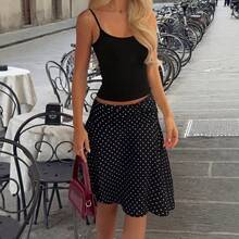 Falda Midi Blanca de Cintura Alta con Lunares para Mujer, Falda Casual de Chifón Estilo Francés para Vacaciones y Uso Diario - Negro - Ver 2