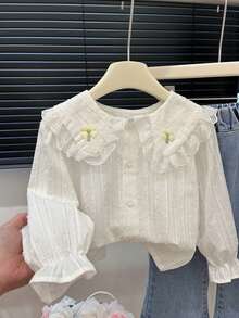 M.Dian xi Girls' Long Sleeve Lace Ruffle Floral Blouse, Spring/Autumn - White - View 1