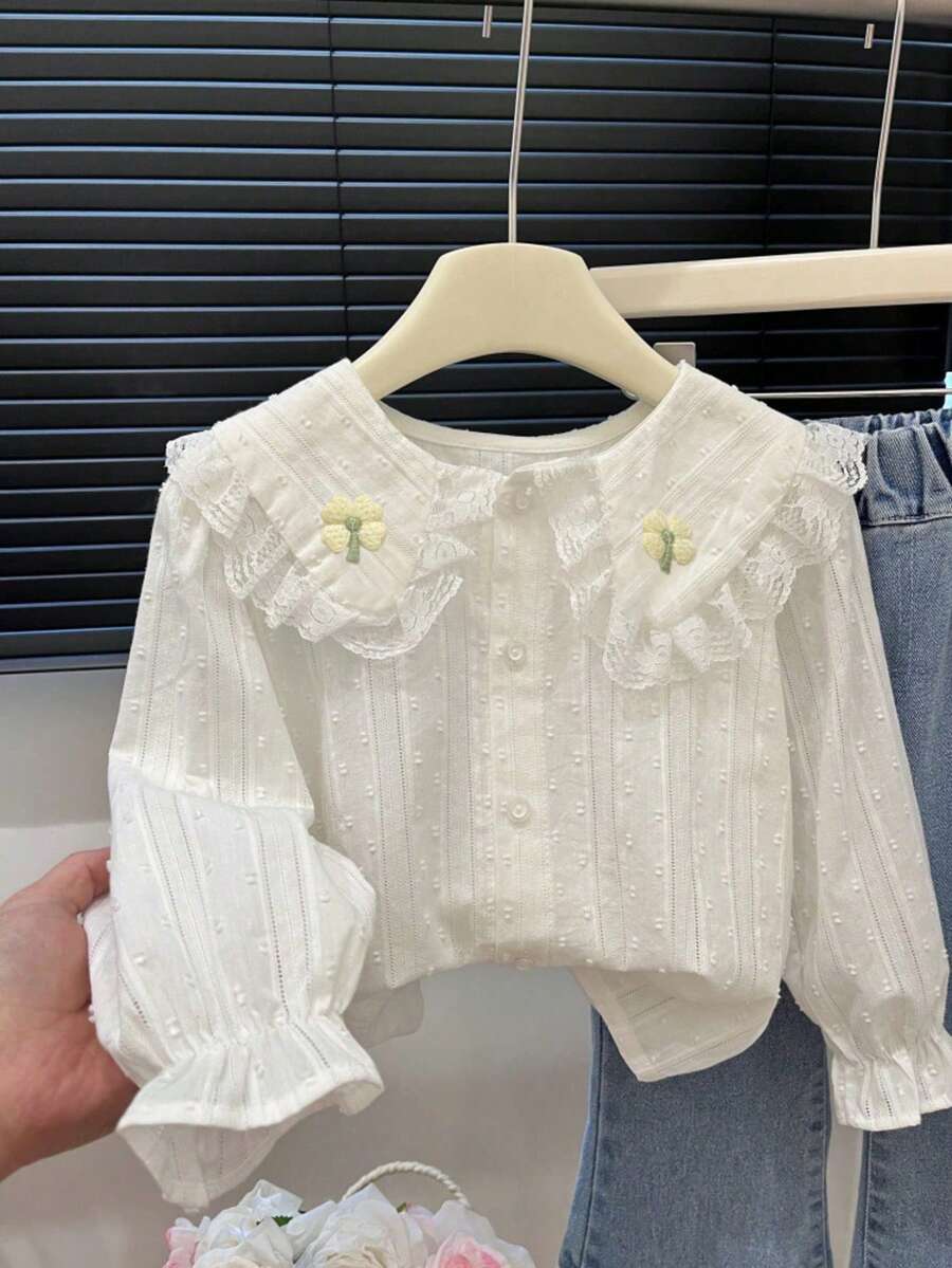 M.Dian xi Girls' Long Sleeve Lace Ruffle Floral Blouse, Spring/Autumn - White - View 1