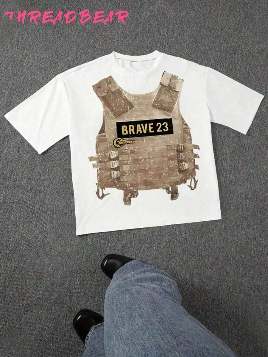 Camiseta retro de estilo callejero con patrón Y2K, Poliéster 220g, manga corta, cuello redondo, holgada y casual para hombre, moda verano - Blanco - Ver 1