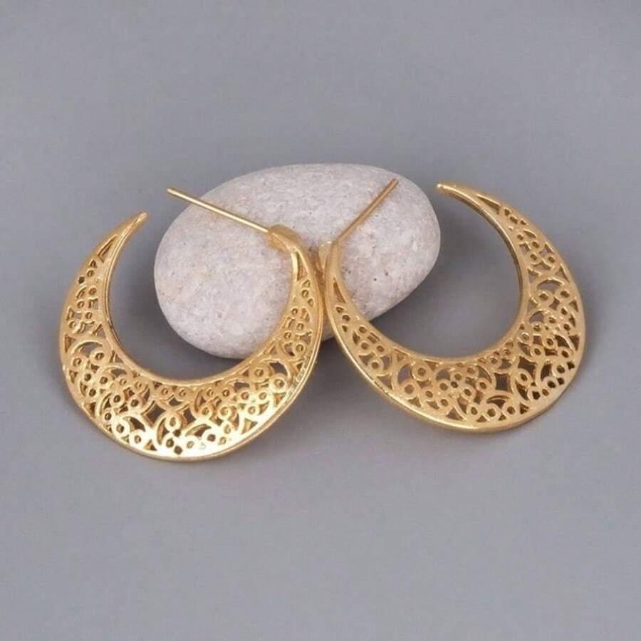 Pendientes de aro redondos huecos en forma de media luna, versátiles para uso diario y salidas, conjunto de joyería exquisito - Dorado - Ver 1