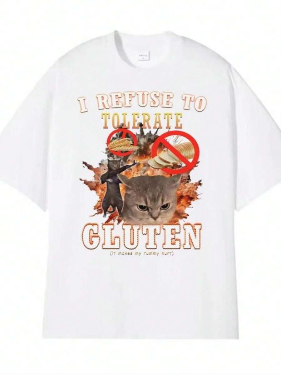 New I Refuse To Tolerate Gluten Funny Cat Pattern Printed T-Shirt Men's Clothing Cotton T-Shirt Casual 0-Neck Loose T-Shirt - 白色 - 查看 1