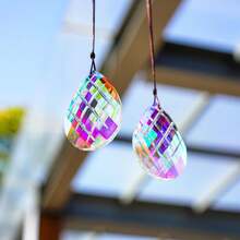 2pcs Crystal Sun Catcher Prism Hanging Decor, For Window Decoration, Grooved Grid AB Color Crystal Prism Rainbow Maker Garden Hanging Sun Catcher Ornament - 2pcs 76mm Grooved Mesh - View 3