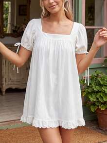 Short Sleeve Maternity Dress For Women Square Neck A-Line Mini Ruffled Dresses For Daily Shopping Office Travel - White - View 5
