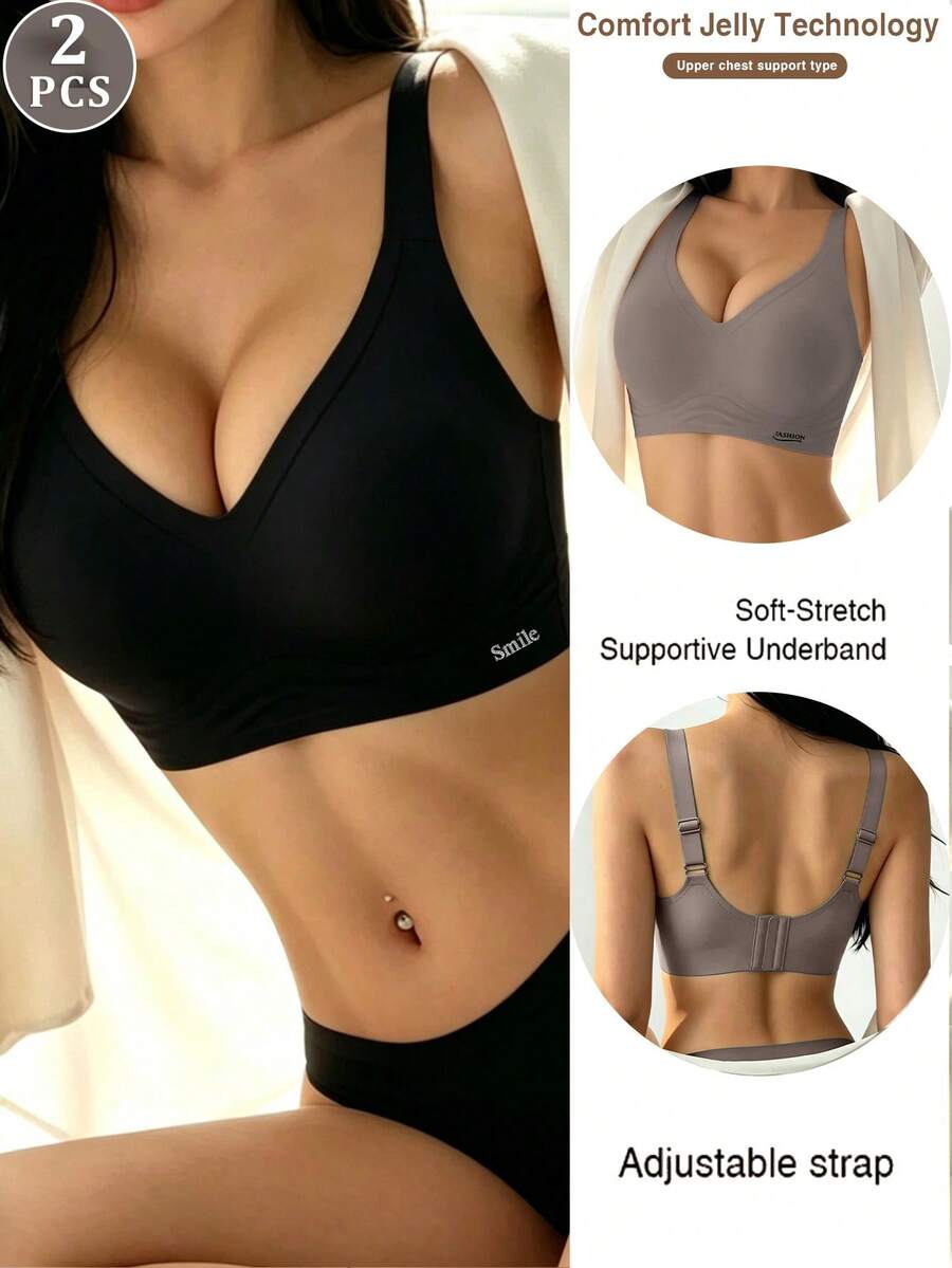 2pcs Seamless Push-Up Bra For Women With Small Bust, Breathable Wire-Free Fixed Cup Design, Side-Boob Coverage, Anti-Sagging, With Non-Removable Cups, Skin-Friendly, Suitable For Sleep And Daily Home Wear - Multicolor - View 1