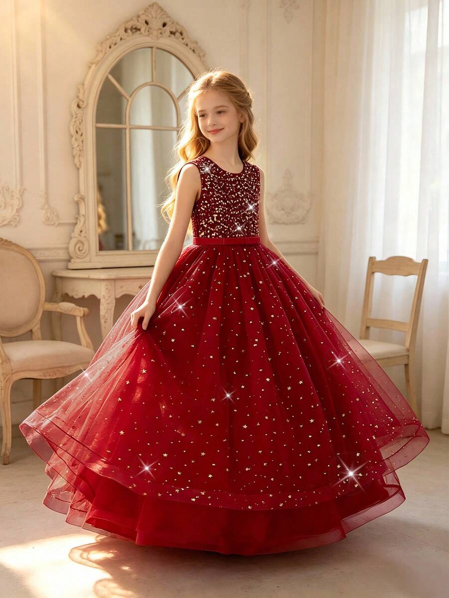 Tween Girls Sleeveless Bow Velvet Sequin Mesh Party Dress Suitable For Graduation Ceremony, Birthday, Flower Girl, Wedding - Burgundy - View 1