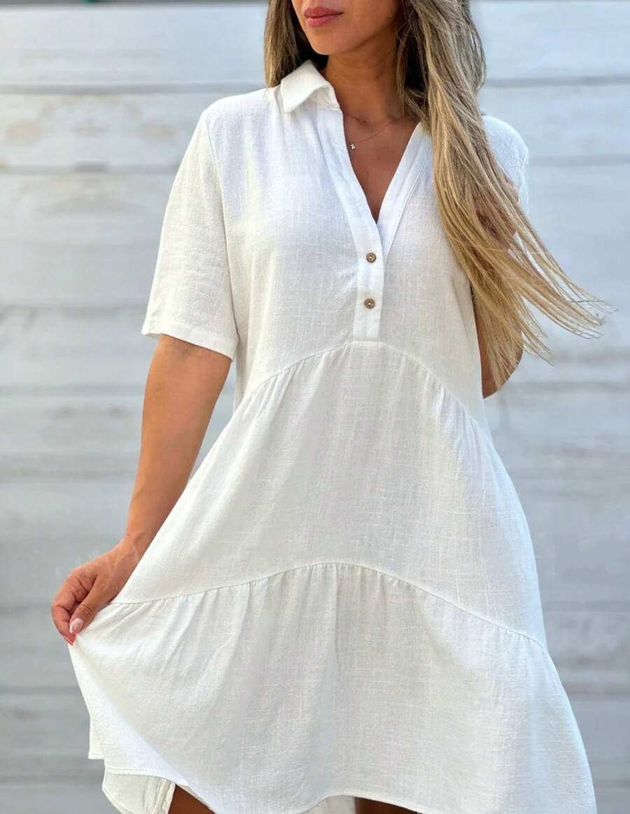 Women's Cross-Border Clothing In European And American Style, Casual Short-Sleeved Dress In Cotton And Linen, Loose Fit, Plain Color And With A Turn-Down Collar. - 白色 - 查看 1