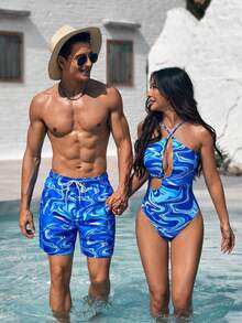 2026 New 1pscManfinity VDAYZ Men's Starfish Print Drawstring Waist Beach Shorts Couples Matching Swimwear Bikini And Swim Trunks Set,All,Fre Luncky - Multicolor - View 1