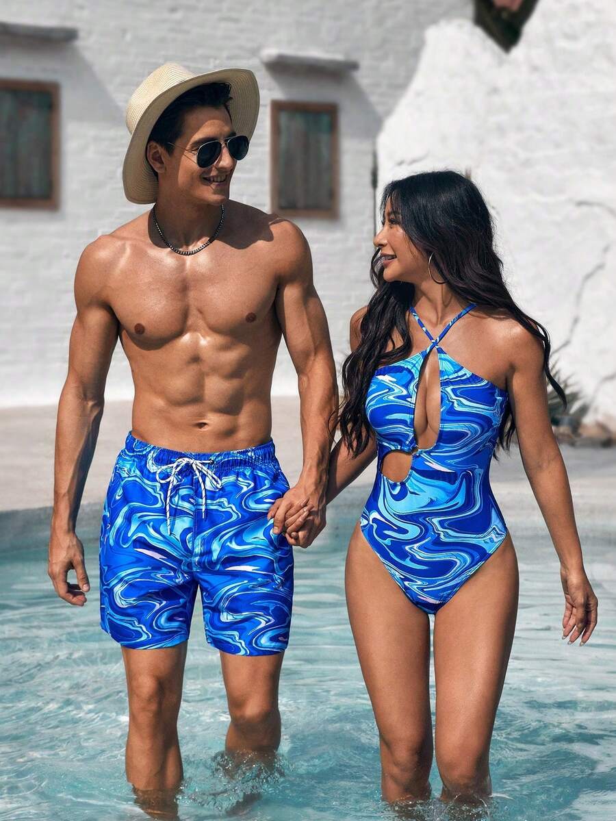2026 New 1pscManfinity VDAYZ Men's Starfish Print Drawstring Waist Beach Shorts Couples Matching Swimwear Bikini And Swim Trunks Set,All,Fre Luncky - Multicolor - View 1