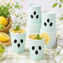 10/20/80pcs Macaron Light Color Ghost Face Disposable Paper Cups, Cute Ghost Print Halloween Party Drinking Cups, 9oz Cartoon Theme Party Cups, Suitable For Birthday Parties, Baby Showers, Afternoon Tea And Holiday Dessert Gatherings - Multicolor - View 3