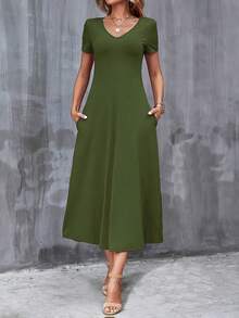 Casual V-Neck Short Sleeve Dress With Pockets. Solid Color, Machine Washable, Versatile For All Seasons. - Olive Green - View 1