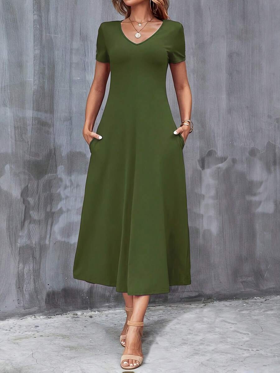 Casual V-Neck Short Sleeve Dress With Pockets. Solid Color, Machine Washable, Versatile For All Seasons. - Olive Green - View 1