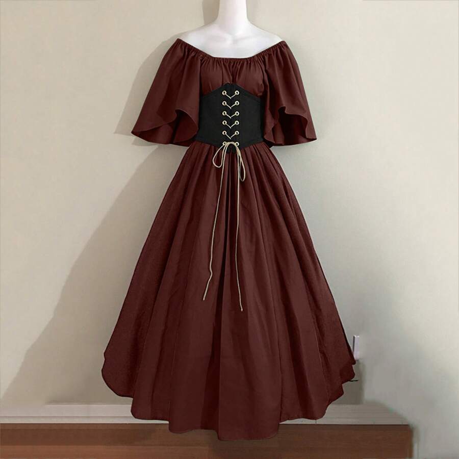 Medieval Retro Style Fitted Dress With Color Blocks, Ruffled Sleeves And A Wide Hem, Ideal For Cosplay And Stage Performances. - Pure Red - View 1