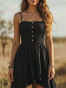 Holidaya Vestido de mujer de longitud media con cintura ceñida, estilo bohemio casual para vacaciones, con parte delantera corta y parte traser - Azul marino - Ver 8