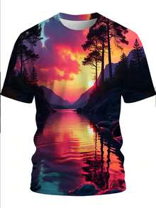 Camiseta Gráfica de Corte Holgado para Hombre con Diseño de Paisaje de Atardecer en un Río de Ensueño Simétrico - Impresión en Degradado Magenta-Cian-Naranja-Púrpura, Estilo de Arte Digital - Negro - Ver 2