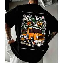 Urban Style, Food Truck With Colorful Graphic Design, T-Shirt, Black With Orange Print And White Details, Regular Fit, Crew Neck, Short Sleeve, Ideal For Everyday Wear, Vera - 黑色 - 查看 1