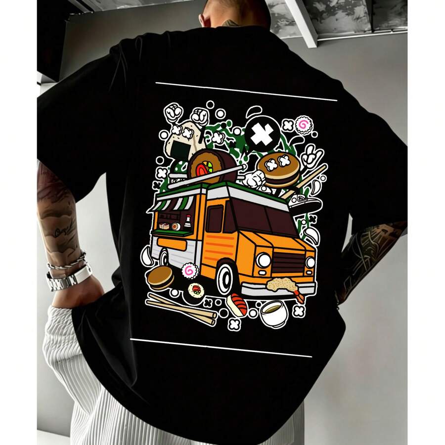 Urban Style, Food Truck With Colorful Graphic Design, T-Shirt, Black With Orange Print And White Details, Regular Fit, Crew Neck, Short Sleeve, Ideal For Everyday Wear, Vera - 黑色 - 查看 1