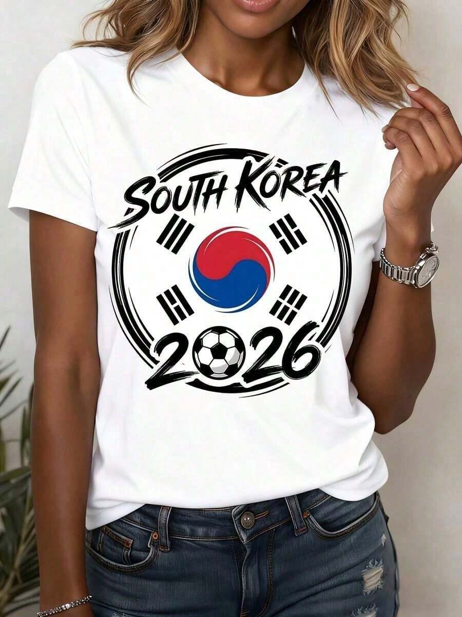 Women's Everyday Wear, Plus Size Casual Shirt With South Korea 2026 Football Flag Design For Women, Summer Y2K Blouse, Graduation Season Beachwear For Women - 白色的 - 查看 1