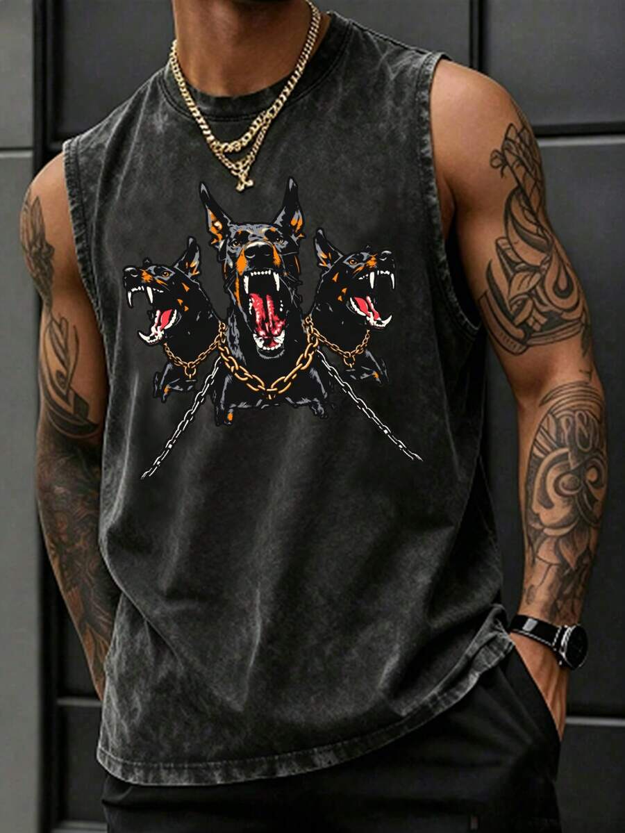 Men's Printed Vintage Washed Vest, Loose Fit, Casual Street Style, Daily Essential Item - Black - View 1