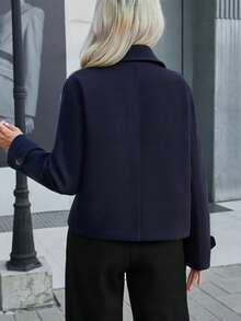 Women's Fashion Lapel Double-Button Short Coat, Long Sleeve Woven Fabric Regular Fit Jacket, Suitable For Autumn/Winter Wear. - Royal Blue - View 3