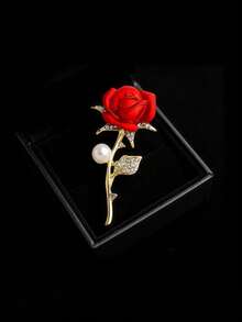 Broche decorativo de flor de rosa roja con strass - Rojo 2 - Ver 6