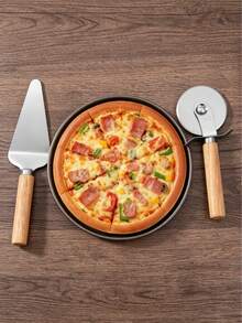 1pc/2pcs Stainless Steel Pizza Peel And Roller Knife Set, A Durable Baking Tool. A Space-Saving, Heat-Resistant Wooden-Handle Kitchen Cutting Set, Suitable For Pizza And Cake. An Excellent Practical Gift For Home Baking Enthusiasts. - Silver-wood Handle - View 3