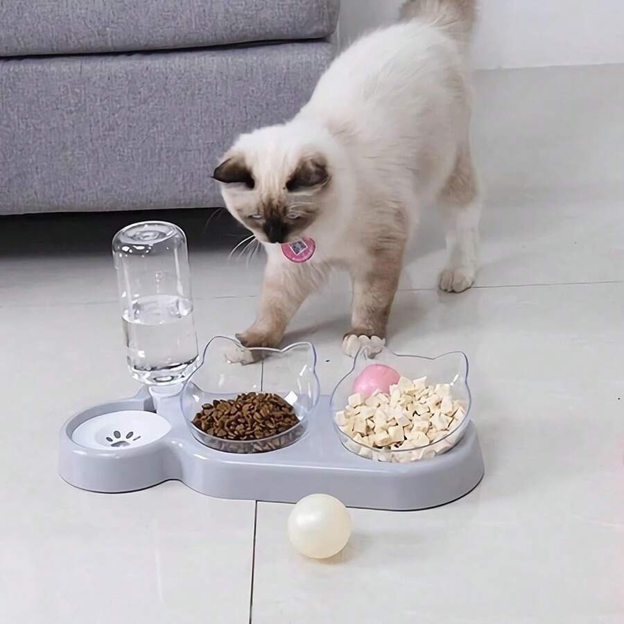 Set per animali domestici grigio chiaro, completo di orecchie da gatto e due ciotole: ciotola angolata per cibo e acqua con protezione per il collo, ciotola combinata per cibo e acqua per separare cibo secco e umido. - 500ml - Visualizzare 1