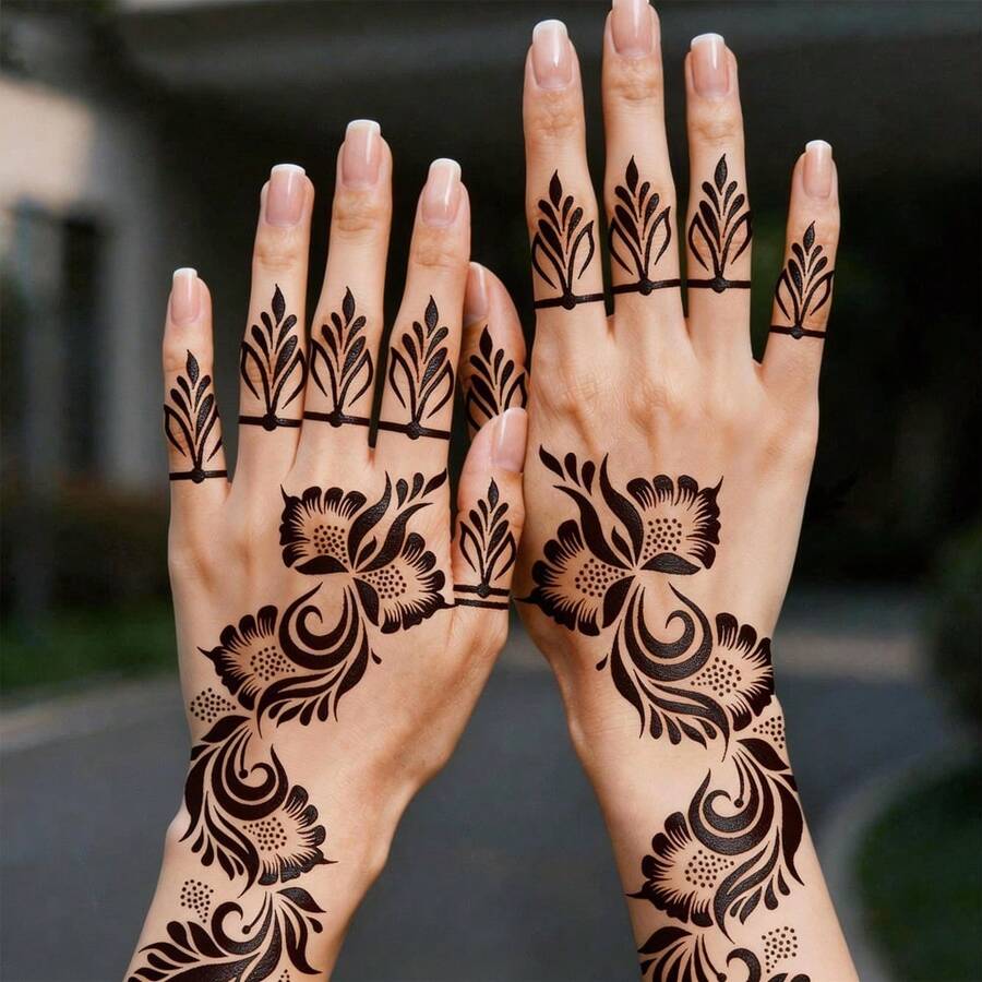 2 Sheets Full Hand Flower Design Black Toe Hand Tattoo Stickers Women Floral Print Tattoo Stickers Waterproof Tattoo Stickers Brown Tattoo Stickers Women Body Art Stickers Wedding Party Black Tattoo Stickers - Black - View 1