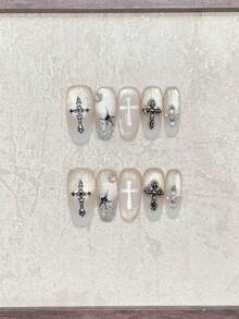 Y2K Gothic Style 5pcs Handmade Oval Nail Art Stickers, Cream White Glossy Cat Eye Design With Cross Stickers And Rhinestone Decor, Cool And Edgy, Suitable For Party, Date And Daily Wear, Wearable Acrylic Nail Art Set Nails - White - View 4