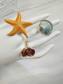 imoli 3pcs/Set Bohemian Beach Vacation Stackable Ocean Theme Enamel Orange Starfish + Pink Spiral Conch + Turquoise Scallop Shell Personalized Ring Set, Knuckle Rings, Suitable For Summer Seaside Party Daily Wear Jewelry Gift - 32817-ring-yb - View 5