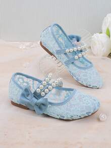 Wedding Party Sweet Cute Flower Girl Girls Flat Shoes Suitable For Big Medium Small Girls Children Shoes Baby Shoes Girls Fashion Blue Simple Pearl Bow Knot Four Seasons Holiday Flat Shoes Formal Dress Mary Jane Princess Shoes Baby Girls Flat Shoes Hollow Mesh Breathable Cool Lightweight Girls Flat Shoes Summer - Blue - View 2