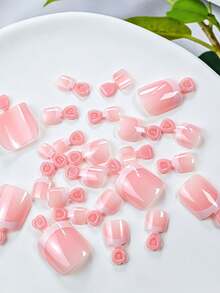24 piezas de uñas postizas para los pies de color rosa nude con punta francesa, forma cuadrada corta, punta francesa blanca, cobertura completa, 12 tamaños, reutilizables, para mujeres, para uso diario, verano, playa, turismo, decoración de manicura con pegamento de gelatina y tiras adhesivas - Multicolor - Ver 6