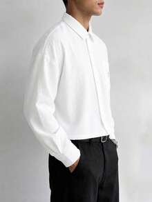 Camisa de manga larga con bolsillo en el pecho y textura blanca para hombres GloMan, transpirable para vacaciones en la playa, calle, uso casual diario, salidas, para padre/esposo - Blanco - Ver 2