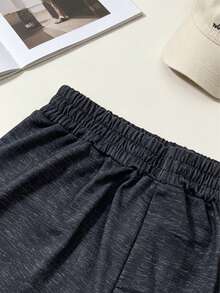 Marled Knit Drawstring Waist Shorts Casual Black Summer - Black - View 5