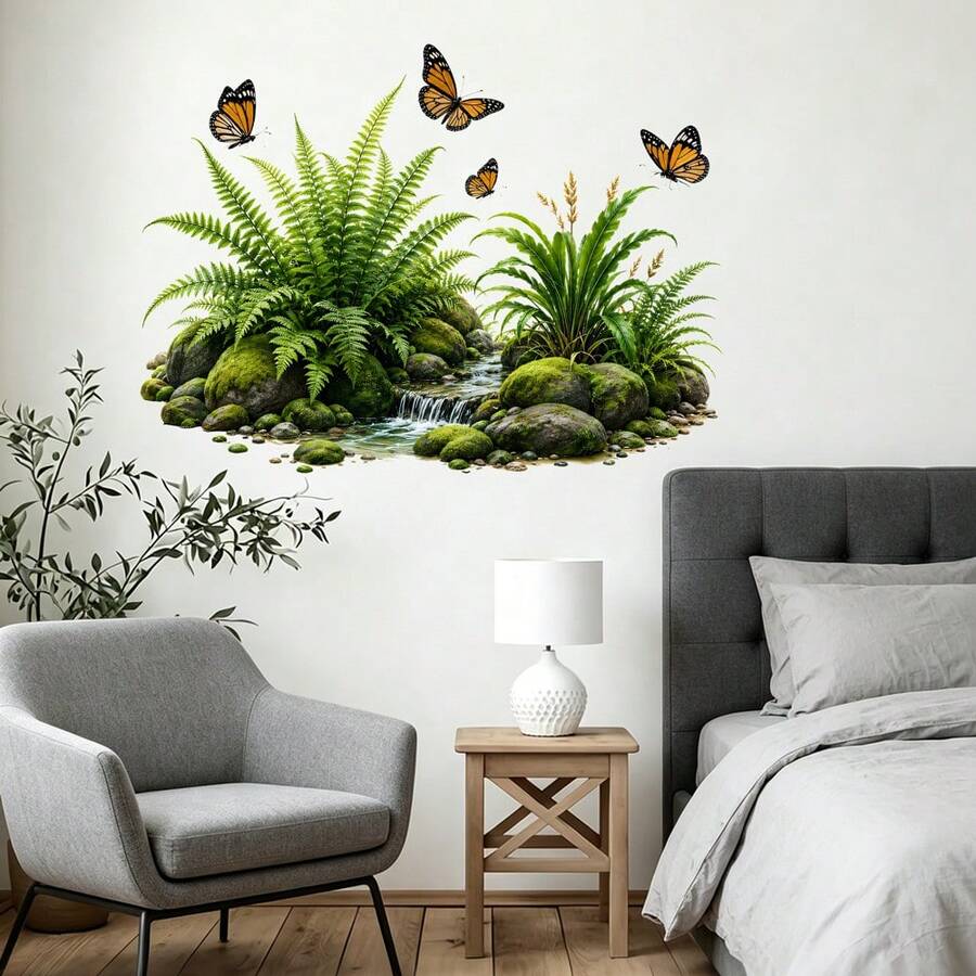 1 pezzo, 30*60cm, Adesivo da parete con cascata di montagna Zen e foresta, decorazione con cascata di muschio, pietra e farfalla, crea un'atmosfera domestica tranquilla e curativa - 1 pezzo - Visualizzare 1