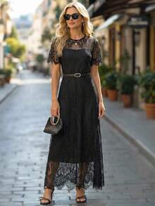 jianchaimaoyi02  Conjunto de vestido de encaje negro de manga corta de unicolor elegante para mujer, uso versátil para festival de música, viaj - Burdeos - Ver 10