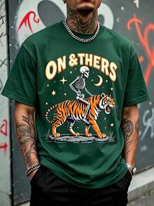 Men's Loose Fit T-Shirt, Full Skeleton Print Riding A Roaring Tiger With Night Sky, Half Moon And Stars, Vintage Bow Text, Western Retro Gothic Streetwear Style. - Green - View 5