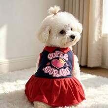 Navy Blue & Red Contrast Collar Pet Princess Dress, SUPER ADORABLE Heart Crown Letter Print, Breathable Summer Puppy Dress For Bichon Teddy, Small To Medium Dogs, American Retro Colorblock Dog Tank Dress - Red - View 1