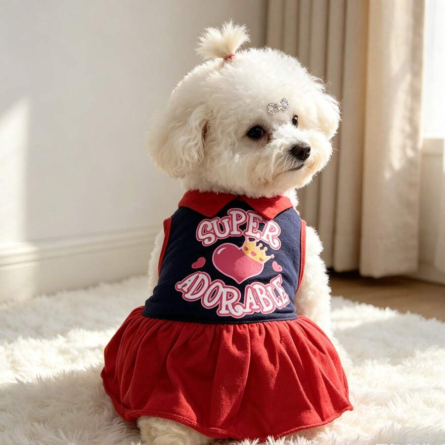 Navy Blue & Red Contrast Collar Pet Princess Dress, SUPER ADORABLE Heart Crown Letter Print, Breathable Summer Puppy Dress For Bichon Teddy, Small To Medium Dogs, American Retro Colorblock Dog Tank Dress - Red - View 1