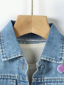 Young Girls Jackets & Coats Spring/Autumn New Cute College Style Towel Embroidery Flower Patch Decor Classic Retro Versatile Blue Denim Jacket Long Sleeve Short Top Back To School - Blue - View 5