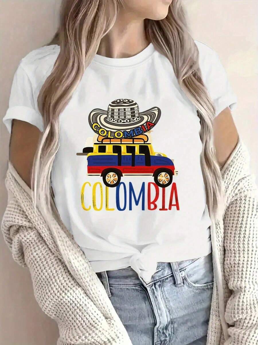 Camiseta Estampado Sombrero Folklórico Manga Corta Cuello Redondo Streetwear Casual Estilo Urbano Retro Novedad Top - Blanco - Ver 1