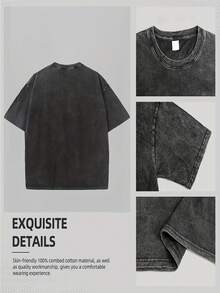 r sólido, lavado vintage, estampado temático creativo, cuello redondo, manga corta, estilo casual, disponible en tallas S-XXXL, lavable a máquina, accesorio de moda, artículo de moda urbana. - Negro - Ver 3