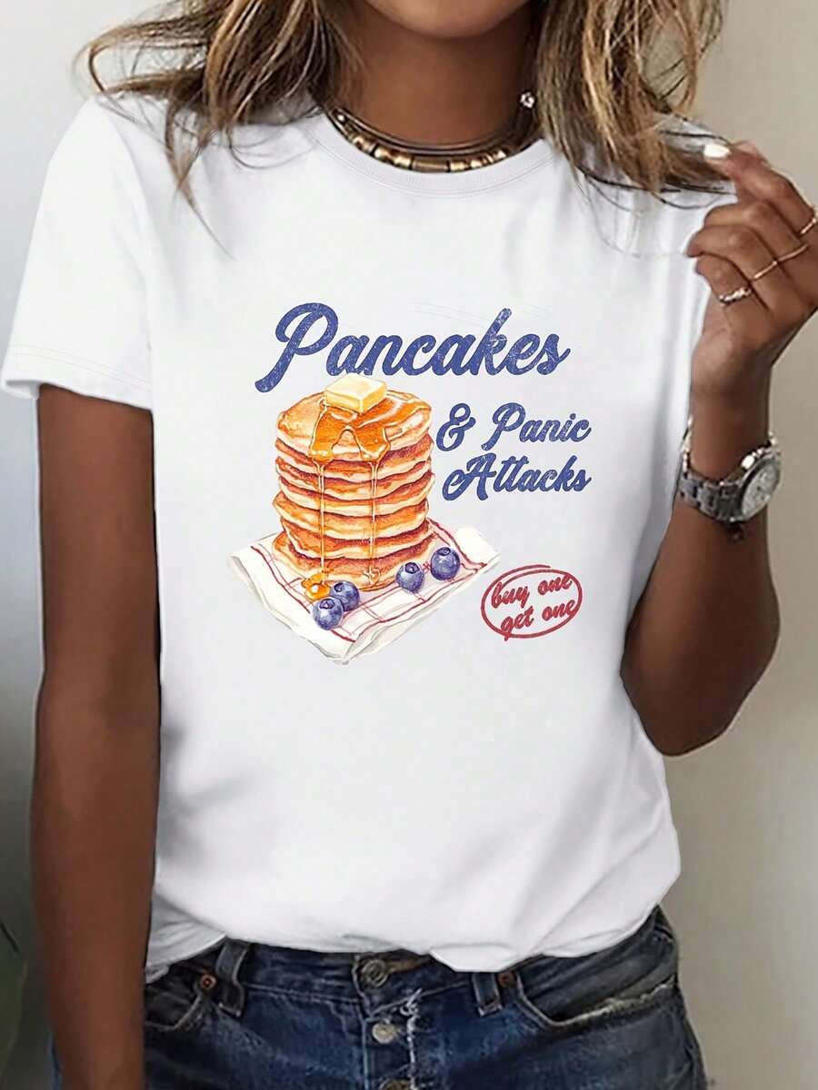 Camiseta de Algodón con Estampado de Letras "Pancake" a la Moda, Suave, Transpirable, Ajuste Cómodo, Cuello Redondo - Blanco - Ver 1