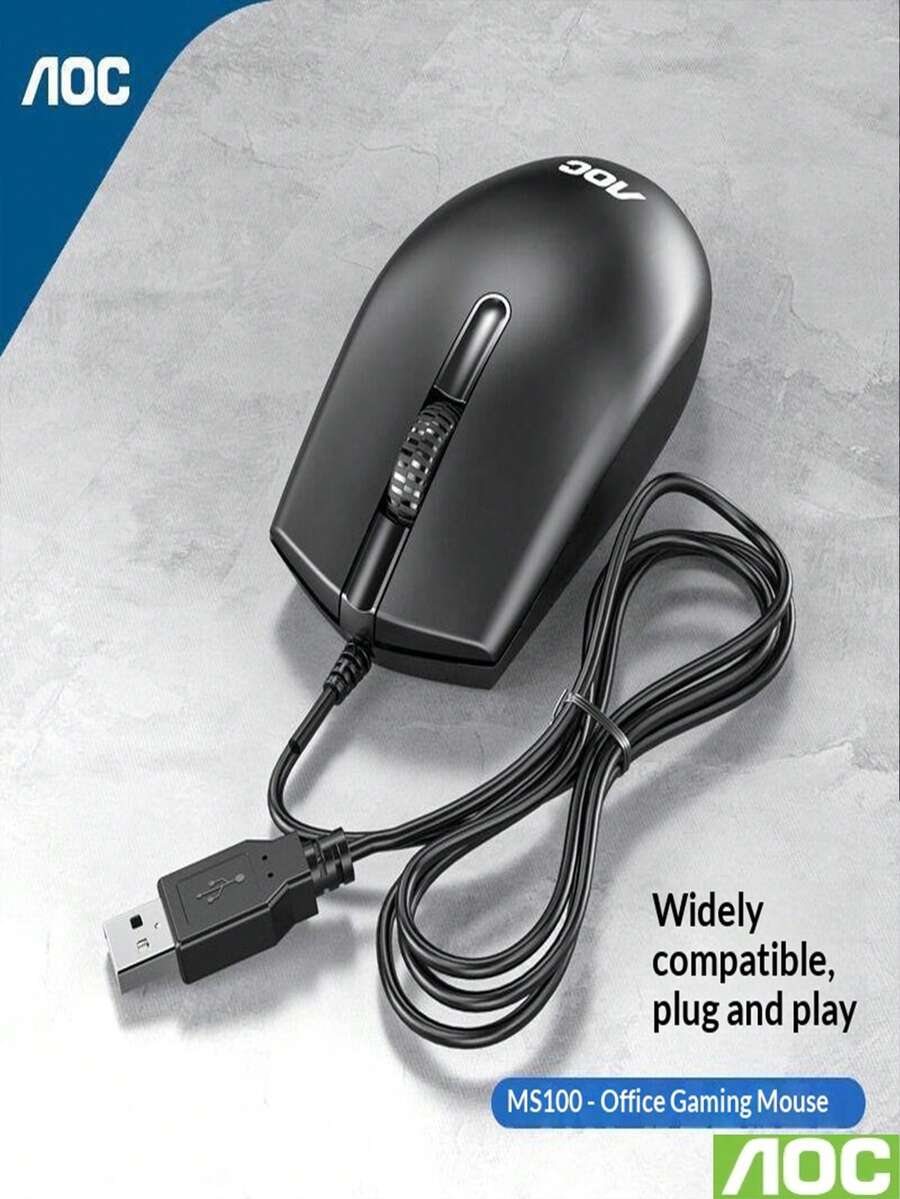 Ratón con cable AOC MS100, Plug And Play, adecuado para negocios y juegos, totalmente compatible con computadoras de escritorio y portátiles, posicionamiento preciso, agarre cómodo, respuesta rápida, tacto sensible, diseñado para uso prolongado sin fatiga