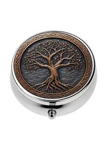 2D Flat Design 1pc Portable Travel Pill Box, Metal Vitamin Storage Box With Tree Of Life Pattern, Metal Mini Pill Organizer Box, Unique Gift Compact Pill Box, Suitable For Pocket, Wallet And Travel Gift, Best Christmas Gift - Multicolor - View 7